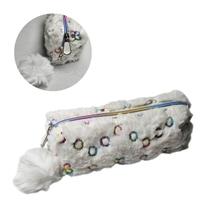 Estojo Escolar Pelúcia Branco Glitter Flor Zíper Pompom Fofo Kawaii Organizador Maquiagem Delicado