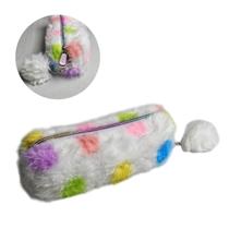 Estojo Escolar Pelúcia Multiuso Zíper Pompom Fofo Maquiagem Grande Lápis Caneta Material Aula Modelo:Bolinhas Coloridas