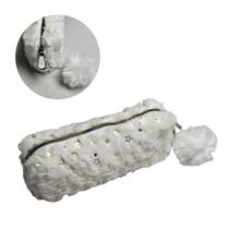 Estojo Escolar Pelúcia Multiuso Zíper Pompom Fofo Maquiagem Grande Lápis Caneta Material Aula Modelo:Branco Estrelas com