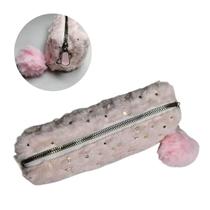 Estojo Escolar Pelúcia Multiuso Zíper Pompom Fofo Maquiagem Grande Lápis Caneta Material Aula Modelo:Rosa Estrelas com G