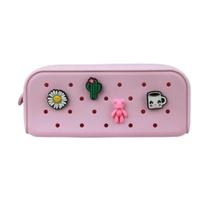 Estojo Escolar Polibras Silicone Charm Rosa com 4 Pingentes Resistente e Moderno