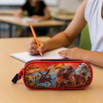 Estojo Escolar T-Rex Attack Preto Vermelho Leva Caneta Lapis Corretivo Borracha Apontador Bolsa