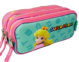 Estojo Escolar Triplo 03 Ziper Divisórias Princesa Peach Super Mario Original Chenson