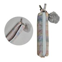 Estojo Escolar Xadrez Bege Pompom Fofo Multiuso Organização Maquiagem Lápis Caneta Tesoura Borracha