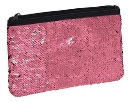 Estojo feminino escolar multiuso necessaire paetê rosa dac