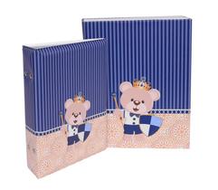 Estojo Imantado com Álbum para 100 Fotos 15x21 - URSO ESCUDO Bebê Menino Ursinho Rei Coroa Azul Newborn
