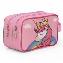 Estojo Infantil Escolar Duplo Reforçado Premium Menina Feminino Unicórnio Princesa Cristal Juvenil Grande