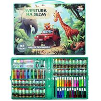 Estojo Maleta Desenhar e Colorir Animais Safari Lápis Canetinhas Acessórios 168pçs
