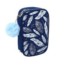 Estojo Material Escolar Grande Jeans Divisórias Organizador Caneta Lápis Borracha Régua Pompom Azul