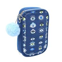 Estojo Material Escolar Grande Olhos Jeans Divisórias Pompom Azul Organizador Ensino Médio Feminino Estojo Material Escolar Grande Olhos Jeans Divisórias Pompom Azul Organizador Ensino Médio Feminino