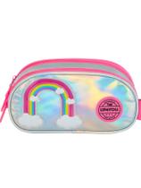 Estojo Menina Escolar 3 Divisórias Arco-Íris Holográfico