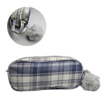 Estojo Necessaire Duplo Xadrez Azul Pompom Escola Maquiagem Volta as Aulas Organizador Lapis Caneta