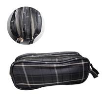 Estojo Necessaire Duplo Xadrez Pompom Escolar Maquiagem Fofo Colorido Lápis Caneta Aula Material Cor:Preto