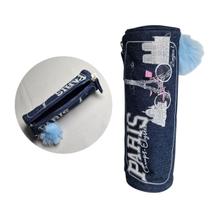 Estojo Necessaire Jeans Azul com Pompom Escolar Volta as Aulas Organizador Fofo Temático Lápis Modelo:Paris