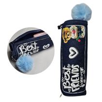 Estojo Necessaire Jeans Azul com Pompom Escolar Volta as Aulas Organizador Fofo Temático Lápis Modelo:Urso