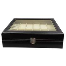 Estojo Para 12 Relógios Com Vidro Preto Com Interno Aveludado Gelo Caixa Maleta Porta Relógio