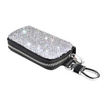 Estojo para chave de carro: couro genuíno, cristal, strass, prata Estojo para chave de carro: couro genuíno, cristal, strass, prata