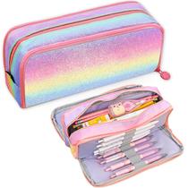 Estojo para lápis BETURETOP Glitter Rainbow para meninas com 3 compartimentos