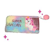 Estojo Pelúcia Super Unicorn com Pompom Rosa e Lilás