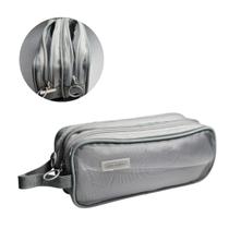 Estojo Premium Cinza Transparente Duplo Escolar e Maquiagem Material Aula Lápis Caneta Alça Aluno