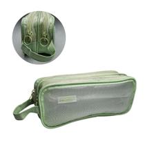 Estojo Premium Grande Transparente Duplo Escolar e Maquiagem Lápis Caneta Aula Material Colorido Cor:Verde