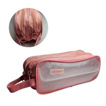 Estojo Premium Rosa Transparente Duplo Escolar e Maquiagem Colorido Aula Lápis Aluno Grande Caneta