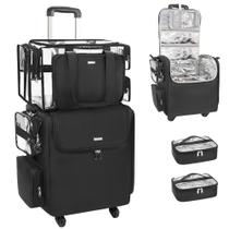 Estojo Rolling Makeup Train Relavel com bolsa transparente e 4 rodas