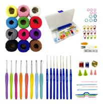 Estojo Tricô e Crochê 8 Agulhas Cabo Emborrachado 8 Cabos Plásticos 12 Novelos De Algodão Colorida Marcadores de Ponto