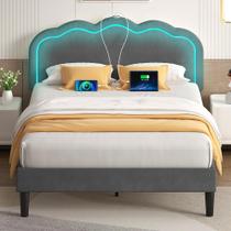 Estrado de Cama VECELO com Cabeceira Ajustável, LED e USB Cinza Estrado de Cama VECELO com Cabeceira Ajustável, LED e USB Cinza