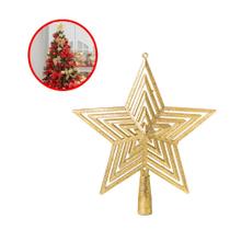 Estrela de Arvore Natal Ponteira Dourada Vazado com Glitter