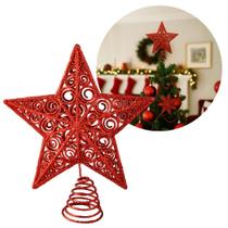 Estrela Ponteira de Natal Vermelha Luxo com Glitter Arabesco Topo de Árvore 20cm com Base Espiral