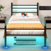 Estrutura de cama J.Fine Twin Metal com luzes LED e carregamento