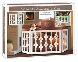 Etna White Floral Wooden Pet Gate - Portão de cão ajustável ajustável de 3 seções de pé de pé independente. Extra Wide, Mantém os Animais de Estimação Seguros no Interior/Exterior - Totalmente Montado - WOOD PET GATES