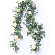Eucalipto Garland PARTY JOY com flores de 2 m com 8 rosas e champanhe Eucalipto Garland PARTY JOY com flores de 2 m com 8 rosas e champanhe