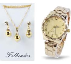 Exclusivo Relógio Feminino Dourado + Kit Colar Brinco Top - SK