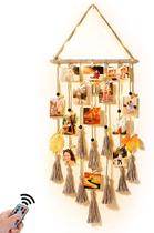 Exibição de fotos, decoração de parede, Homecor, macramê com luzes de fada