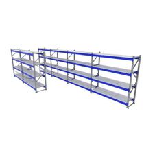 Expositor 6 mini porta pallet 250 kg 180x200x60 (CxLxP) cinza com azul bandejas mdf branco