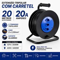 Extensão 20 amperes fio grosso com Carretel 20 metros 3 tomadas para escritório indústria estúdio Force Line