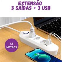 Extensão 3 Tomadas + 3 USB, Branco, 2500W Bivolt