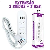 Extensão 3 Tomadas 3 USB Branco 2m, 2500W Extensão 3 Tomadas 3 USB Branco 2m, 2500W