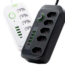 Extensão 5 Metros Régua Elétrica Filtro de linha Completo 5 Tomadas 4 Usb 1 Usb-c Bivolt