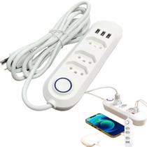 Extensão De 3 Tomadas Com 3 Usb Bivolt Com Botão Led 2m
