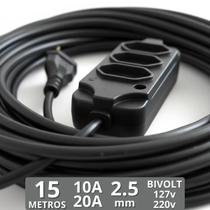 Extensão Eletrica 15 Metros Reforçada Pino Grosso 20a E 10a 03 Tomadas 110v 220v