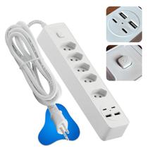 Extensão Elétrica 4 Tomadas 2 USB 2 TipoC Cabo 2 Metros Bivolt com Botão Liga Desliga e Suporte