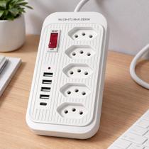 Extensão Elétrica 5 Tomadas USB Tipo C Filtro de Linha Fúsivel Régua Extensora Escritório Casa