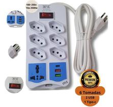 Extensão Elétrica com 10 Tomadas Filtro de Linha Bivolt com 2 USB e 1 TipoC
