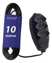 Extensão elétrica régua 3 tomadas naticon 3x0,75mm cabo pp 10 metros 3 pinos 2p+t tripolar 10a bivolt 110v 127v 220v preto