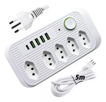 Extensão Elétrica Régua Filtro de Linha com cabo de 5 metros plug de USB Tipo C Tomadas Padrão Brasileiro 3 pinos 10 Amperes