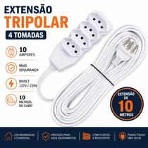 Extensão Elétrica Tripolar Bivolt 4 Tomadas 10 Amperes 10 Metros Branca Extensão Elétrica Tripolar Bivolt 4 Tomadas 10 Amperes 10 Metros Branca
