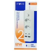 Extensão Filtro de Linha 2 Metros Bivolt 2 Tomadas + 2 USB + 2 USB-C